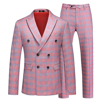 (Jacket + Pants) Men Wedding Party Double Breasted Suits New Male Slim Fit Flip Collar Formal Dress Set