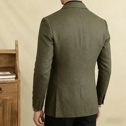 Vintage Men's Linen Blazer Double Breasted Peak Lapel Slim Fit Jacket Breathable Soft Wrinkle Free Business Casual Men Suit Coat