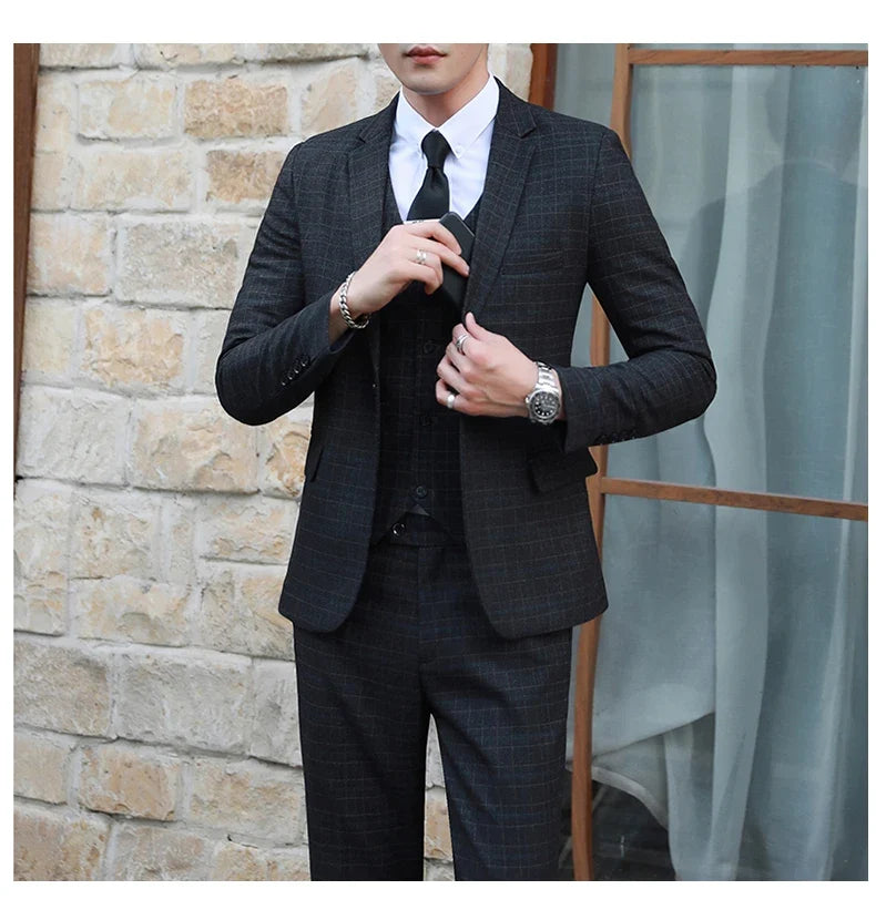 Men's Autumn Winter Trendy Three-Piece Suit Set Slim Fit Stylish Vest Trousers Ensemble Handsome Personality Wardrobe Essential
