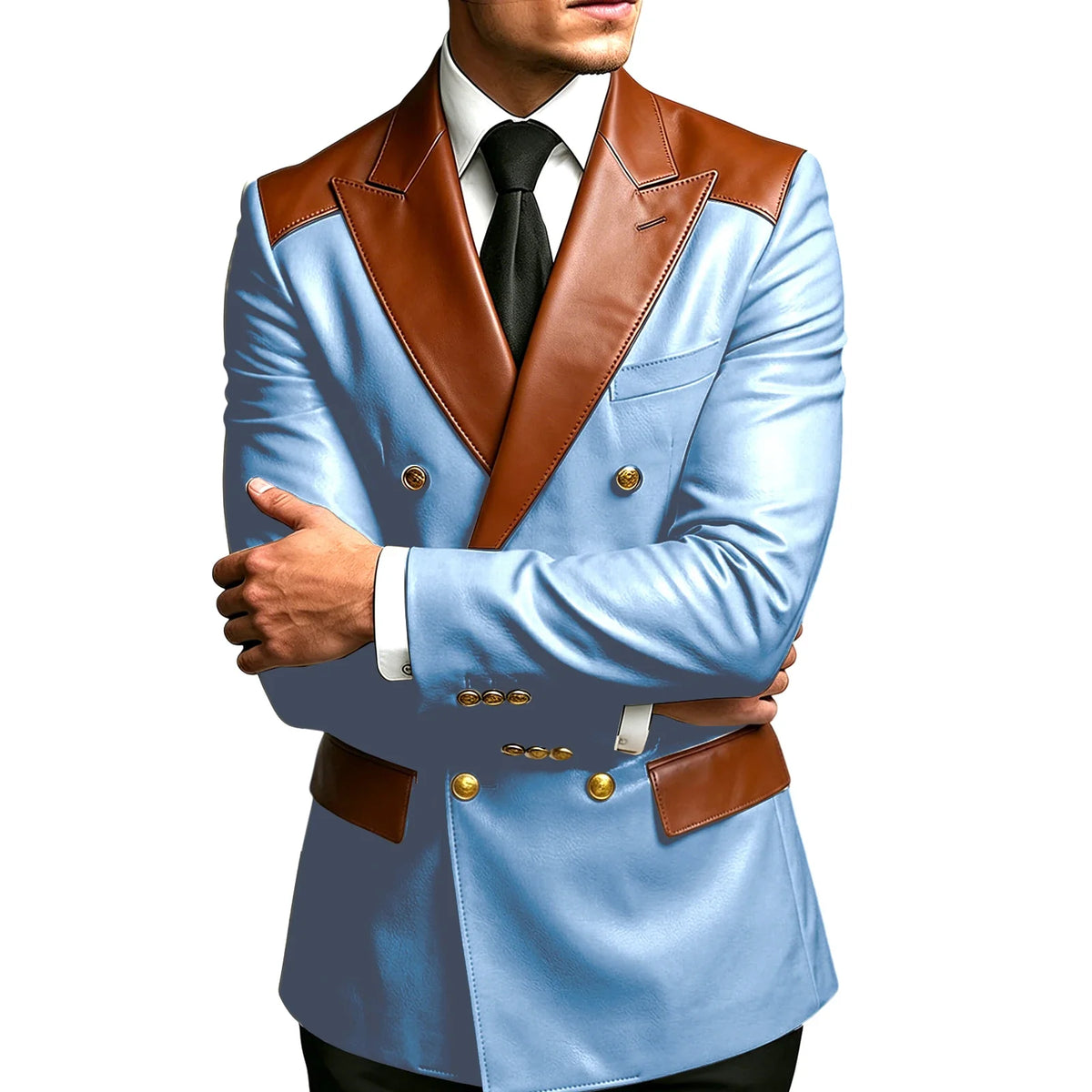Luxury Men's Colorblock Leather Blazer Double Breasted Notched Lapel Business Casual Suit Jacket Fashion Formal Wear for Wedding