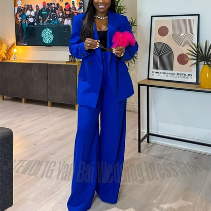 Royal Blue Double Breasted Women Suit Set Classic Fit Wide Leg Pants Formal Business Elegant Office Lady Two Piece Outfit Loose