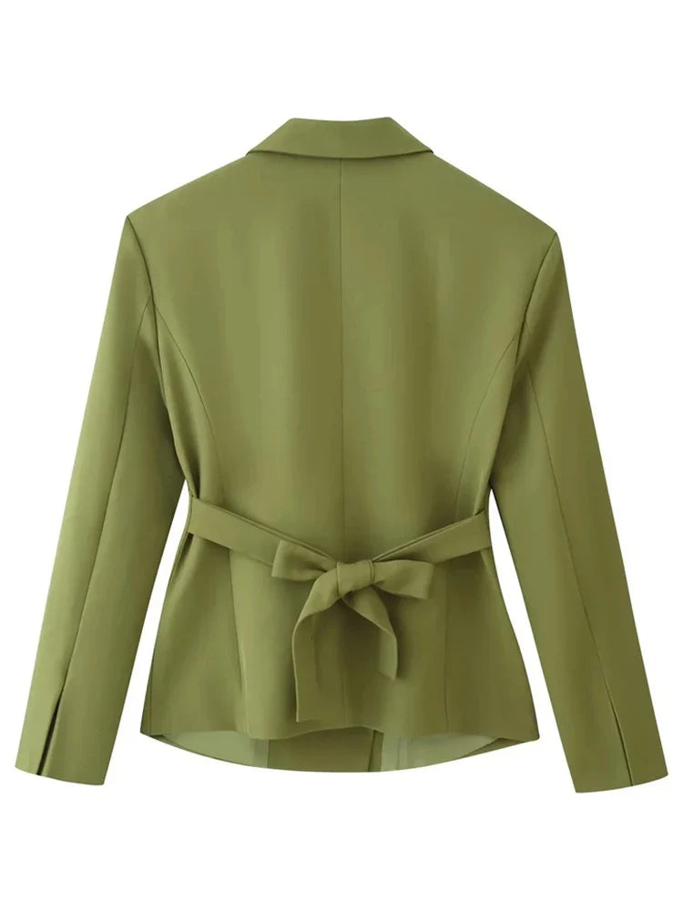 Women's Belted Waist Blazer Jacket Double Button Slim Suit Coat Long Sleeve Elegant Office Chic Minimalist Jacket