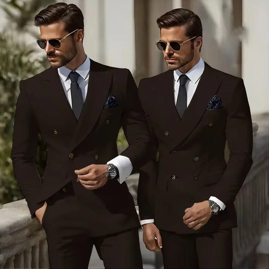 Men's Double Breasted Casual Suit Set – Straight Fit Formal Wear for Professional Occasions
