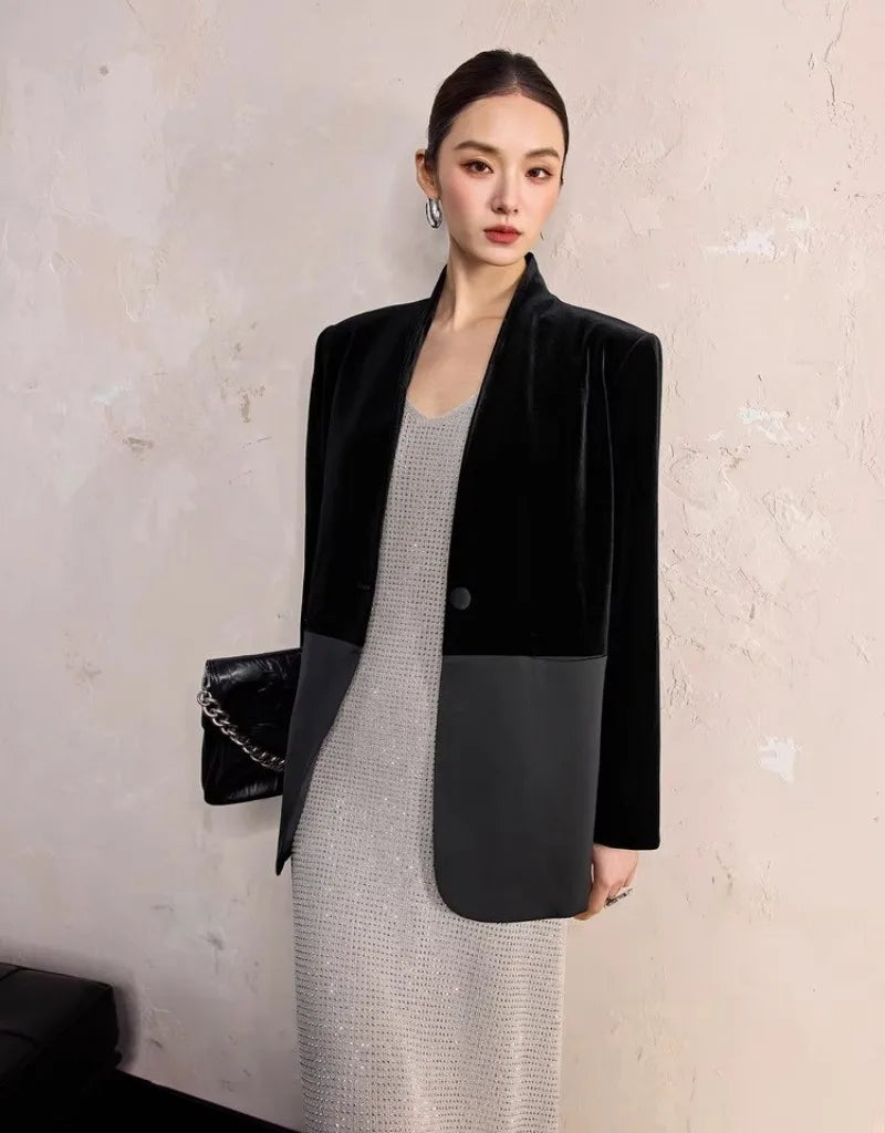 One Button Velvet Spliced Women Blazers Contrast Color Suit Jacket V-Neck Work Lady Loose Fit Outerwear Long Sleeve Autumn Coat