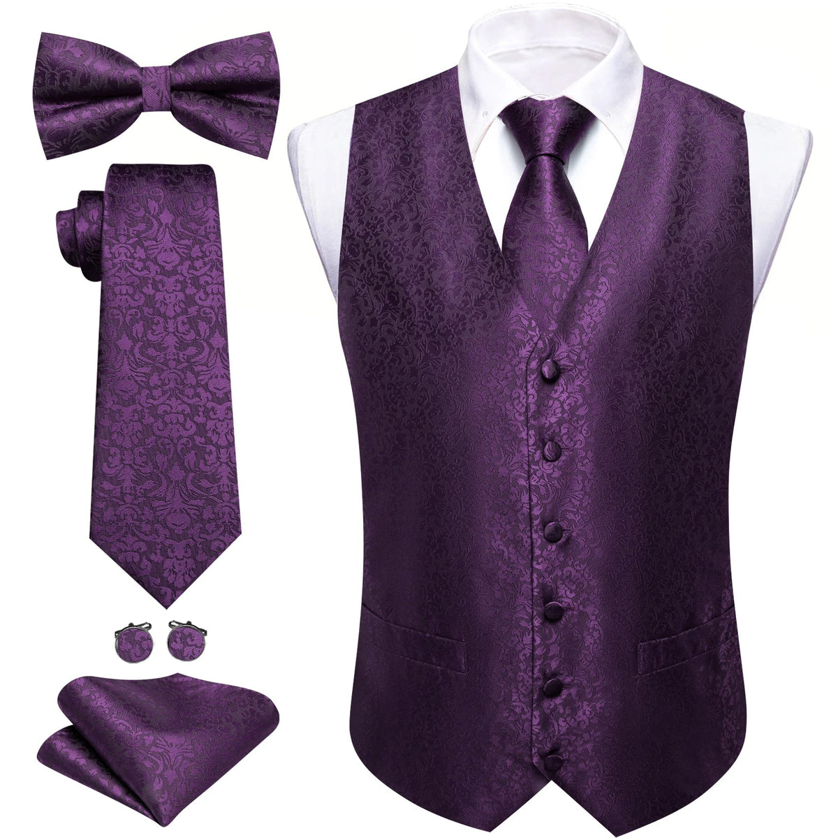 Men's Jacquard Suit Vest Set with Tie, Bow Tie, Pocket Square & Cufflinks – Wedding & Formal