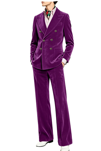 Men's Velvet Suit 2 Piece Double Breasted Peak Lapel Blazer & Straight Leg Pants for Formal & Wedding