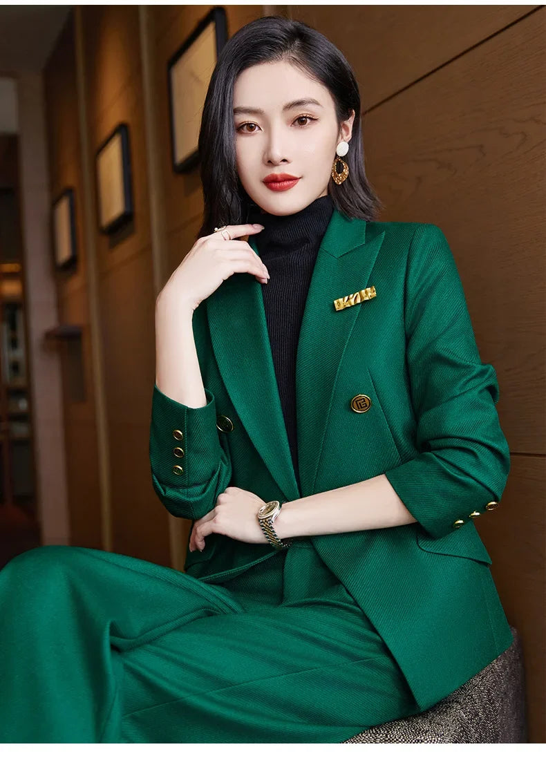 Elegant Women's Double Breasted Blazer Pants Set 2025 Autumn Winter Fashion Office Work Outfit Lady Matching Set Trousers Jacket