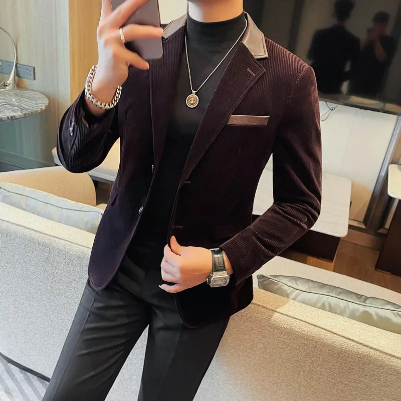 Autumn Winter Corduroy Suit Coat For Men Korean Elegant Slim Fit Business Formal Dress Coats Groom Wedding Tuxedo Suit Jacket