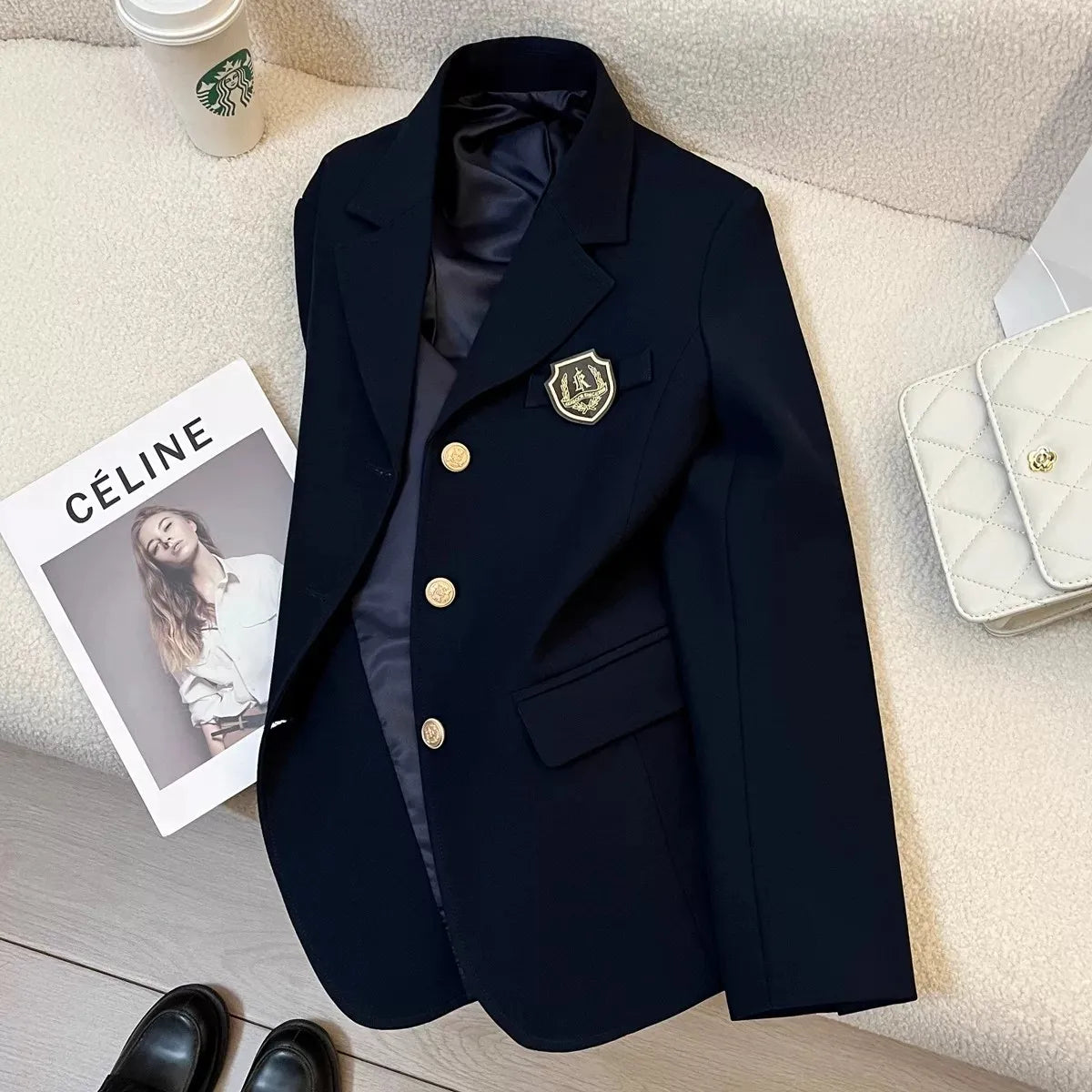 Olive Green Design Sensation College Style Women's Suit Jacket Korean Style Elegant Top Spring New Fashion Casual Nylon
