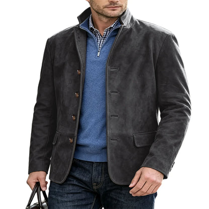 Men's Suede Blazer Single Breasted Slim Fit Classic Stand Collar Suit Jacket for Weddings & Daily Wear