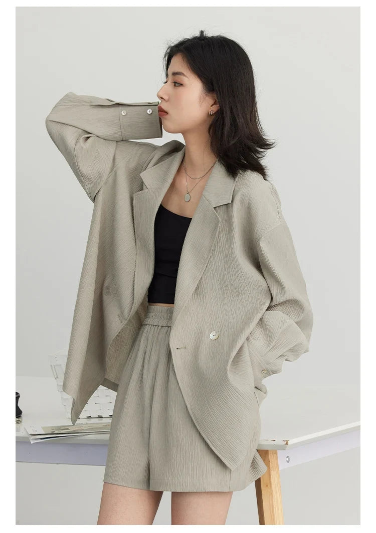 Women's Blazer Solid Casual Long Sleeve Jacket Texture Thin Suit Coat Shorts Office Lady Tops 2023 Summer New Fashion