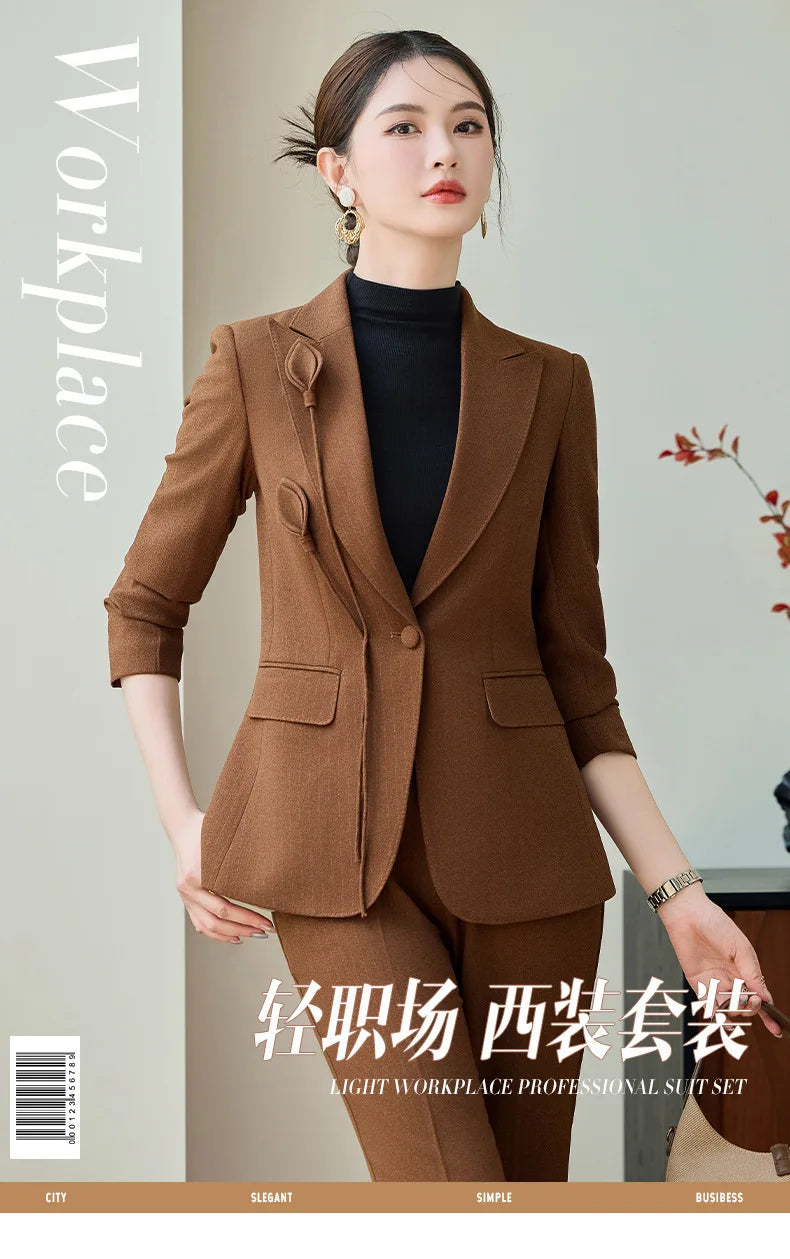 High End Khaki Elegant Fashion Two Piece Set Fashion Women Slim Single Button Blazer And Flare Pant Office Lady Work Wear