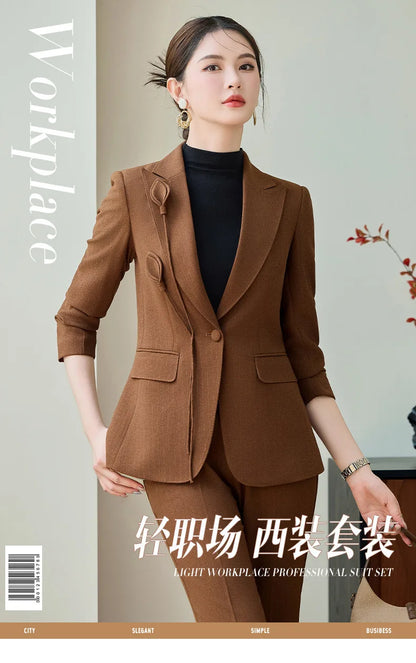 High End Khaki Elegant Fashion Two Piece Set Fashion Women Slim Single Button Blazer And Flare Pant Office Lady Work Wear