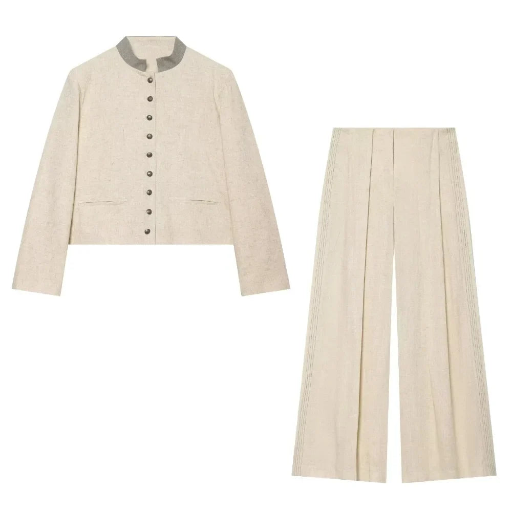 Stylish Commuting Style Pant Sets for Women Mandarin Collar & Long Sleeve Pleated Blazer Matching Topstitched Straight Leg Pants