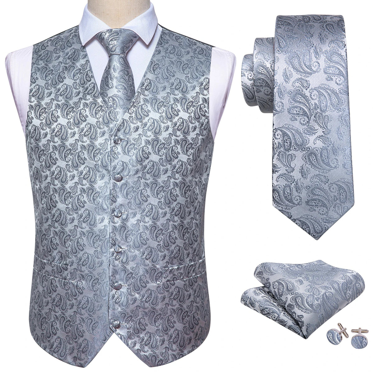 Men's Vest Embroidered Paisley Floral Waistcoat for Formal and Casual Wear — Green, Blue, Silver, Gray, Gold, Pink