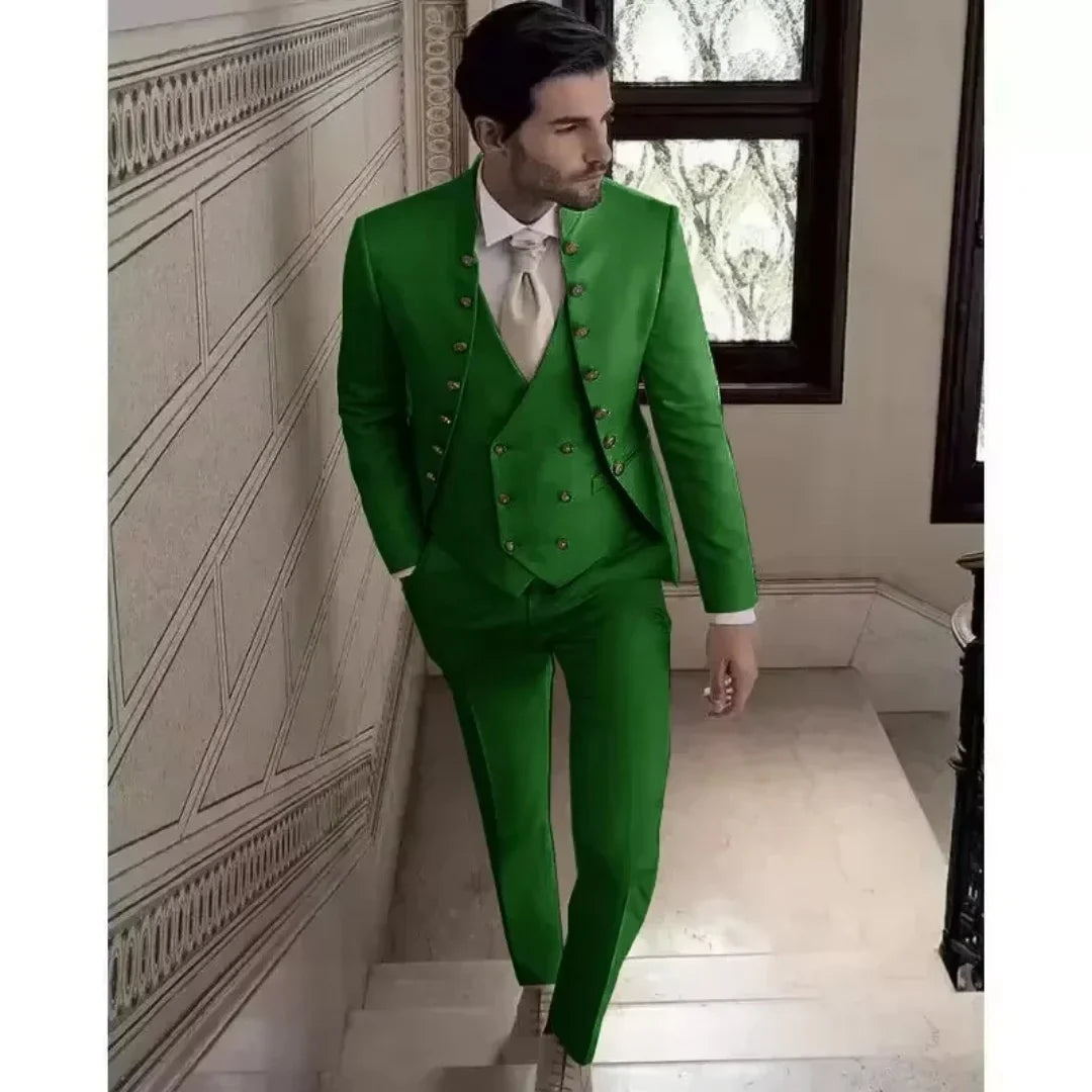 Men's 3 Piece Formal Suit Wedding Groom Tuxedo Khaki Slim Fit Blazer Jacket Pants Vest Set Male Traditional Wedding Attire