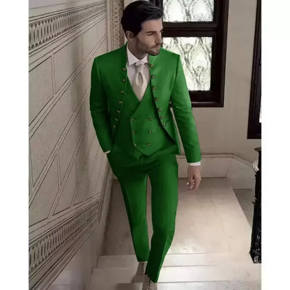 Men's 3 Piece Formal Suit Wedding Groom Tuxedo Khaki Slim Fit Blazer Jacket Pants Vest Set Male Traditional Wedding Attire