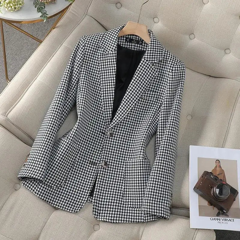 Women Office Ladies Single Breasted Slim Blazer Coat Autumn Winter Fashion Plaid Temperament Long Sleeved Elegant Tops Vacation