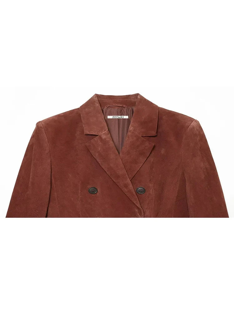 Vintage Women's Suede Texture Slim Blazer 2026 Autumn Double Breasted Lapel Suit Jacket Female Elegant Office Coat Outerwear