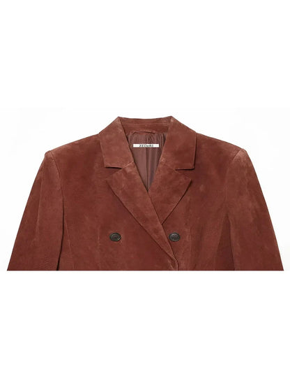 Vintage Women's Suede Texture Slim Blazer 2026 Autumn Double Breasted Lapel Suit Jacket Female Elegant Office Coat Outerwear