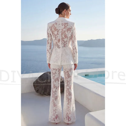 White Floral Lace Women Suit Fashion Blazer and Pants Elegant Formal Wedding Evening Party Cocktail Luxury Two Piece Outfit