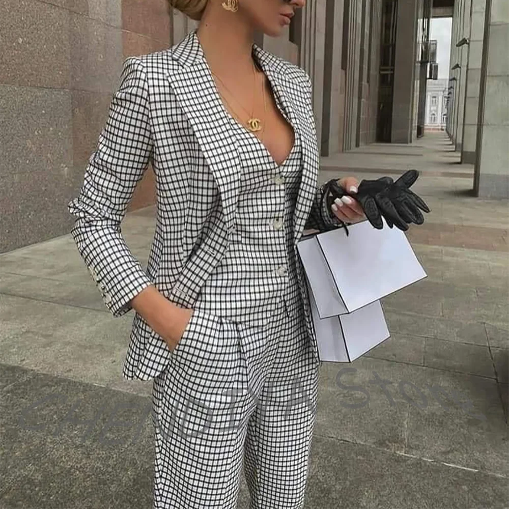 Fashion Plaid Women Suit 3 Pieces(Jacket+Vest+Pants) Slim Fit Notch Lapel Formal Office Smart Casual Lady Set High Quality