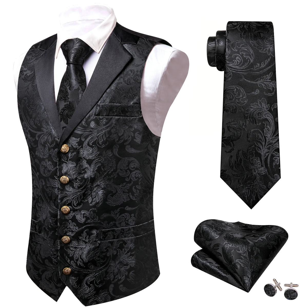 Men's Jacquard Paisley Vest Single Breasted Waistcoat with Bowtie — Formal Wedding & Party Suit Vest