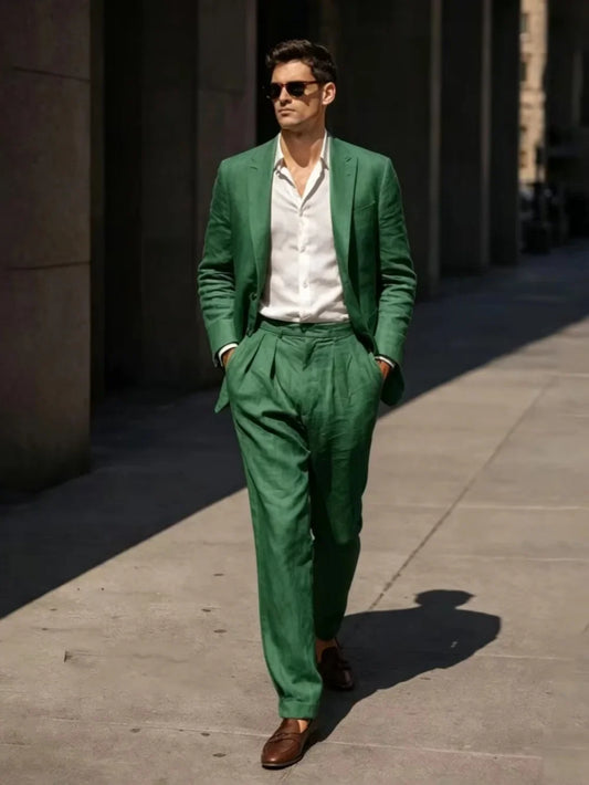 Summer Linen Suit Set 2 Pieces Jacket Pants Beach Wedding Groom Sets Men's High Quality Peak Lapel Tuxedo For Trip Plus Size