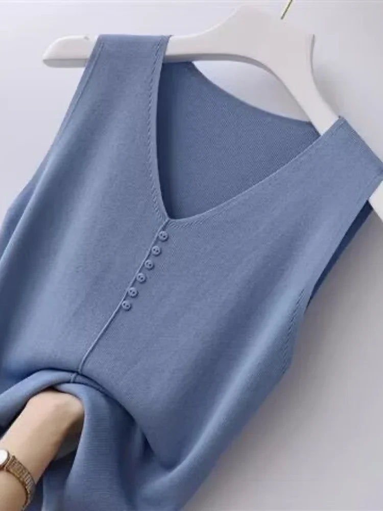 Summer Women's Tank Top Silk V-neck Wide Shoulder Strap Color Knitted Shirt Sleeveless Top Student Ice Silk Vest