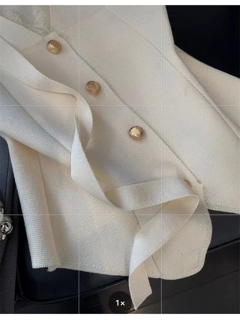 Female Light luxury Waistcoat Tops Korean Ladies Fashion Solid Color Vest Coat Summer Women Lace V-neck Ribbon Knit Sleeveless