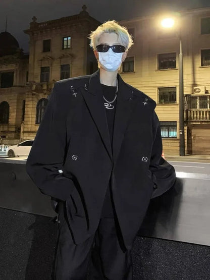 Men's Premium Korean Style Single-Breasted Casual Blazer Set Autumn Trendy Split-Design Loose Fit Elegant Jacket Outerwear
