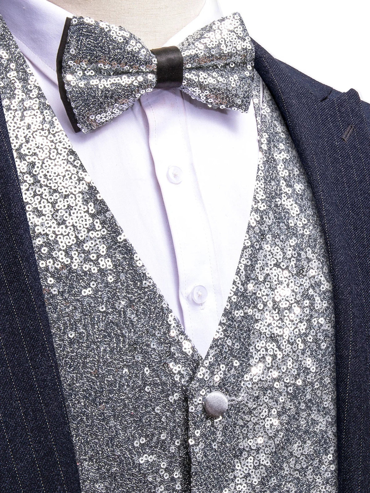 Men's Vest and Bow Tie Set – Silver-Gray Sequin – Party, Stage & Nightclub Wear