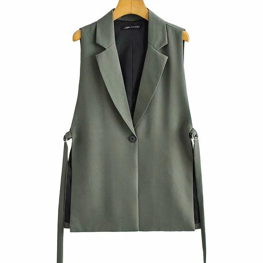 Women Fashion Lace Up Decorative Split Vest Vintage Sleeveless Jacket Waistcoat Female Outerwear Chic Suit Vest Tops Clothing