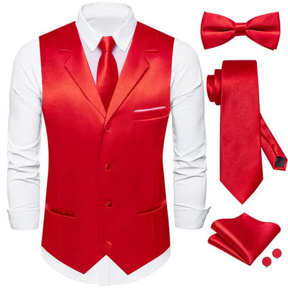 Men's Satin Waistcoat 5-Piece Set with Rose Gold Lapel – Vest, Necktie, Bow Tie, Pocket Square & Cufflinks