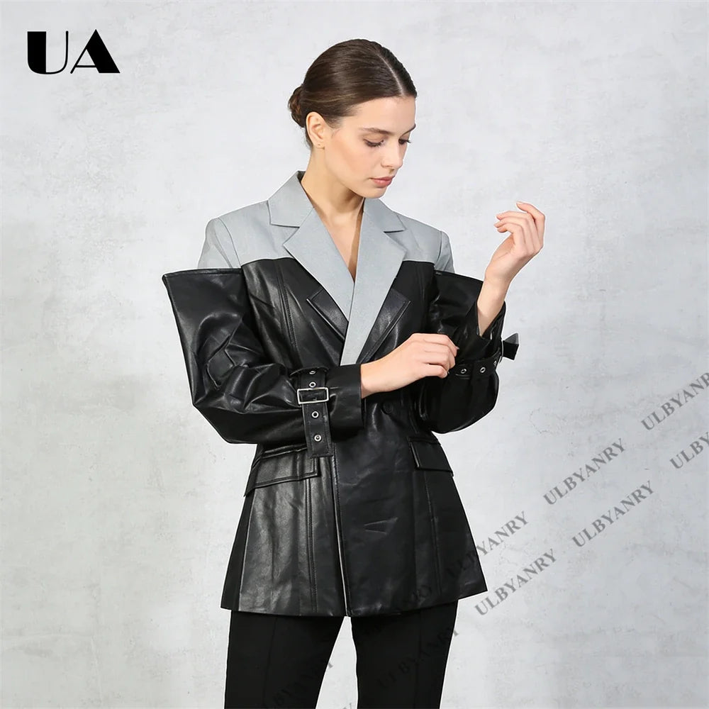 Colorblock Faux Leather Blazer with Notch Lapel Cuff Straps for Street Style Fashion Week Suit Jacket Club Night Blazer