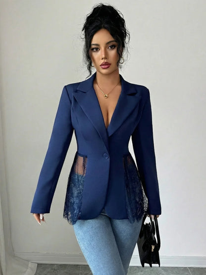 Elegant Style Women's Suit Jacket A-Line Silhouette Lace Waist Color Block Autumn New Arrival Fashion Outerwear