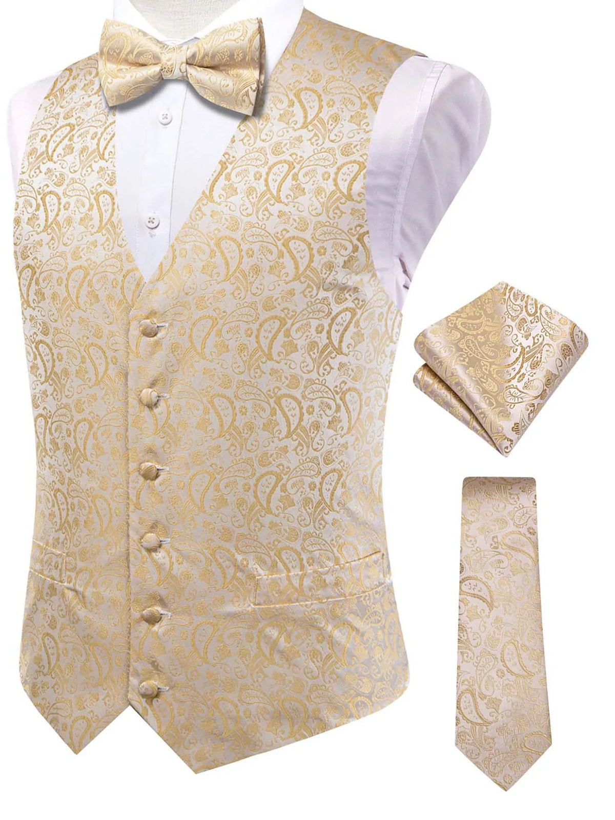 Men's Jacquard Vest 3-Piece Set – Satin Formal Waistcoat with Tie & Pocket Square for Weddings