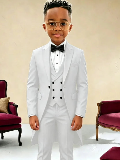 New Boys Long Jacket Vest Pants 3 Pieces Suits Piano Performance Wear Classy Peak Lapel Kid Slim Fit Suit Set For Wedding