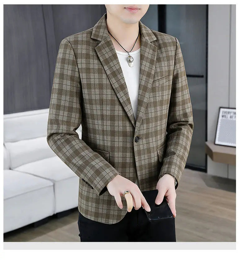 Men's Smart Casual Plaid Blazer – Single Breasted, Slim Fit, Spring Autumn