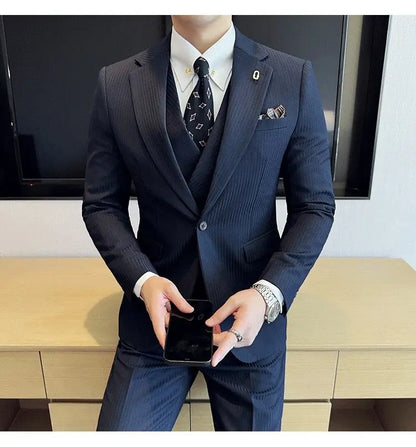 Men's Slim Fit 2-Piece Suit – Striped Single-Breasted Blazer and Trousers for Wedding, Business & Formal Wear
