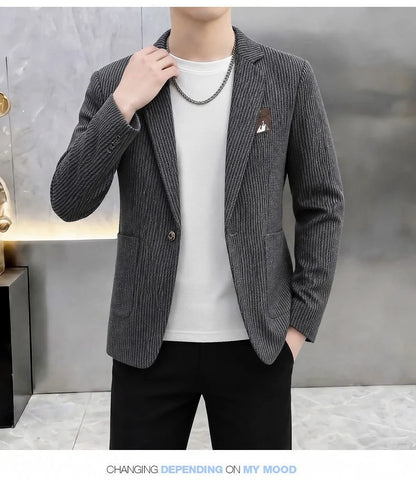 Autumn Winter Suit Jacket Men's Korean Slim Fit Striped Casual Blazers Wedding Business Streetwear Social Dress Jackets 2026
