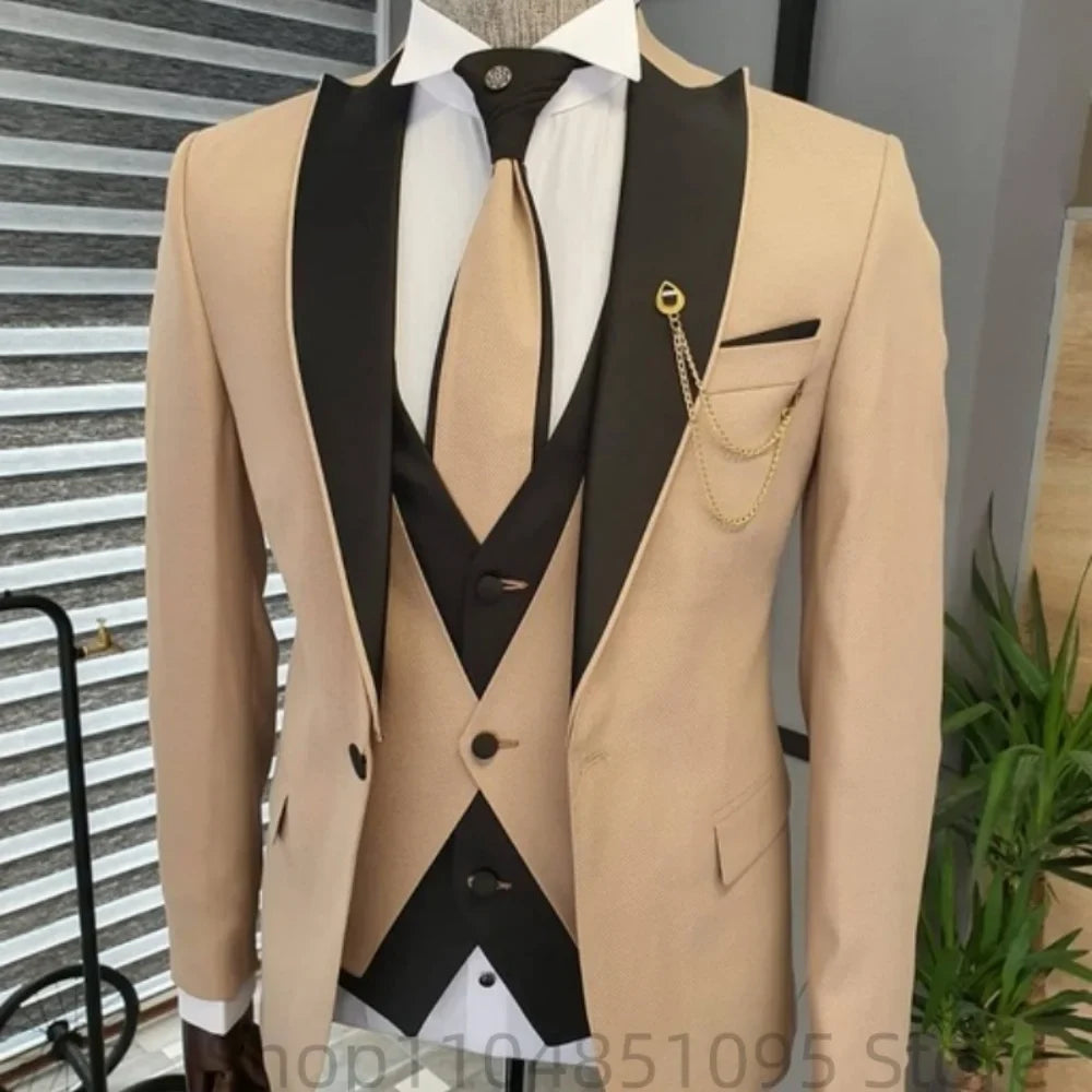 Costume 3 pièces ajusté pour homme avec blazer, gilet et pantalon, pour mariage ou soirée, smoking de luxe