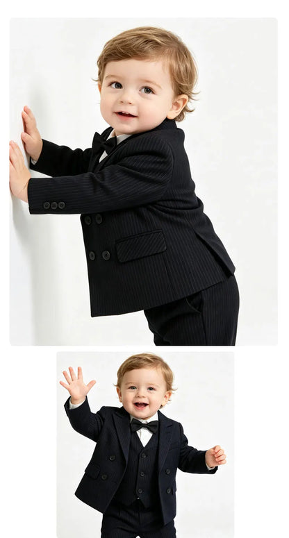 Boys Stripe Wedding Suit Set Kids Gentleman Costume Blazer Vest Pants Bow Tie Outfit for Banquet Christening Formal Party