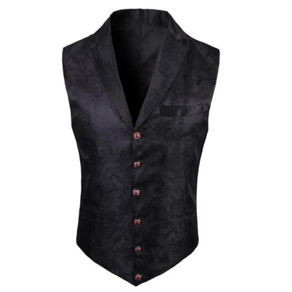 Men's Vest Blue Retro Jacquard Pattern Single Button V-Neck Waistcoat for Wedding & Formal Occasions