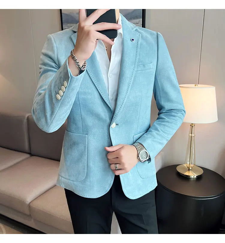 British Style Autumn Suede Business Casual Suit Jacket for Men High Quality Social Office Blazers Wedding Groom Dress Coats