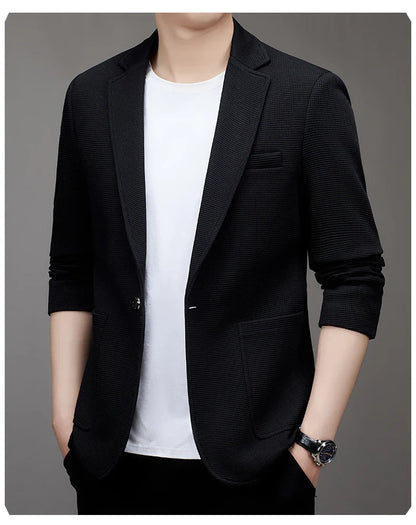 New men's suit jacket with non-stretch flat collar, waffle pattern, for business casual and fitted formal wear.