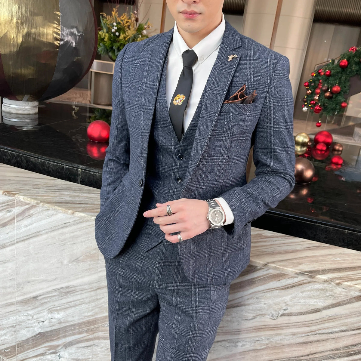 Ensemble costume trois pièces à carreaux modifié de haute qualité de style coréen britannique pour hommes - Gilet et pantalon de costume décontracté élégant