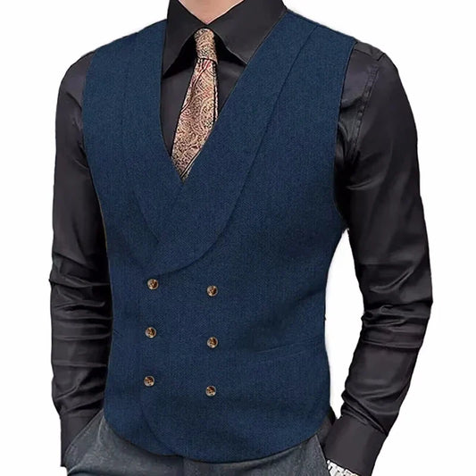 Men's Herringbone Double-Breasted Vest with Lapel – Brown Suit Waistcoat for Wedding & Formal Occasions