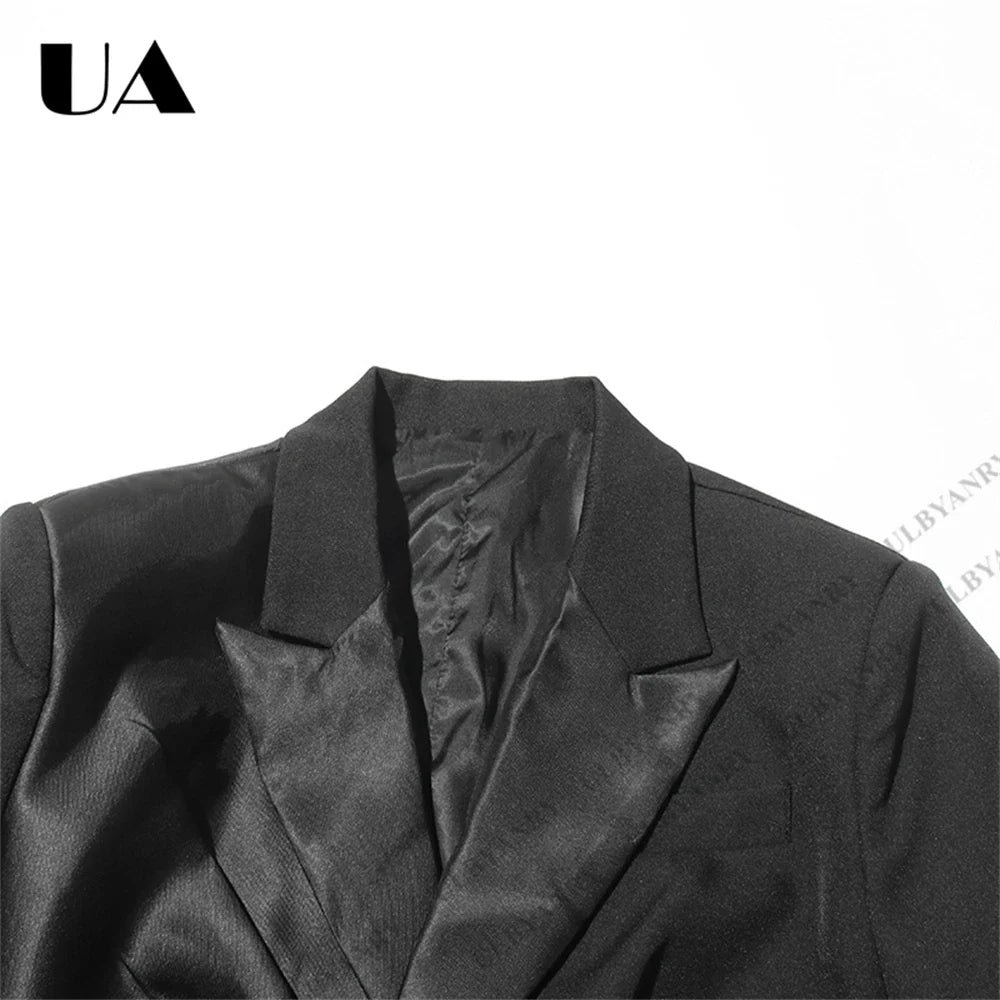 Womens Black Blazer with Satin Ruffle Waist Tie and Peak Lapel Events Gala Birthday Prom Party Suit Attire Slim Fitting
