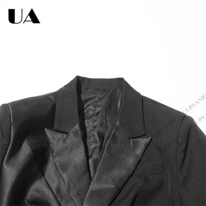 Womens Black Blazer with Satin Ruffle Waist Tie and Peak Lapel Events Gala Birthday Prom Party Suit Attire Slim Fitting